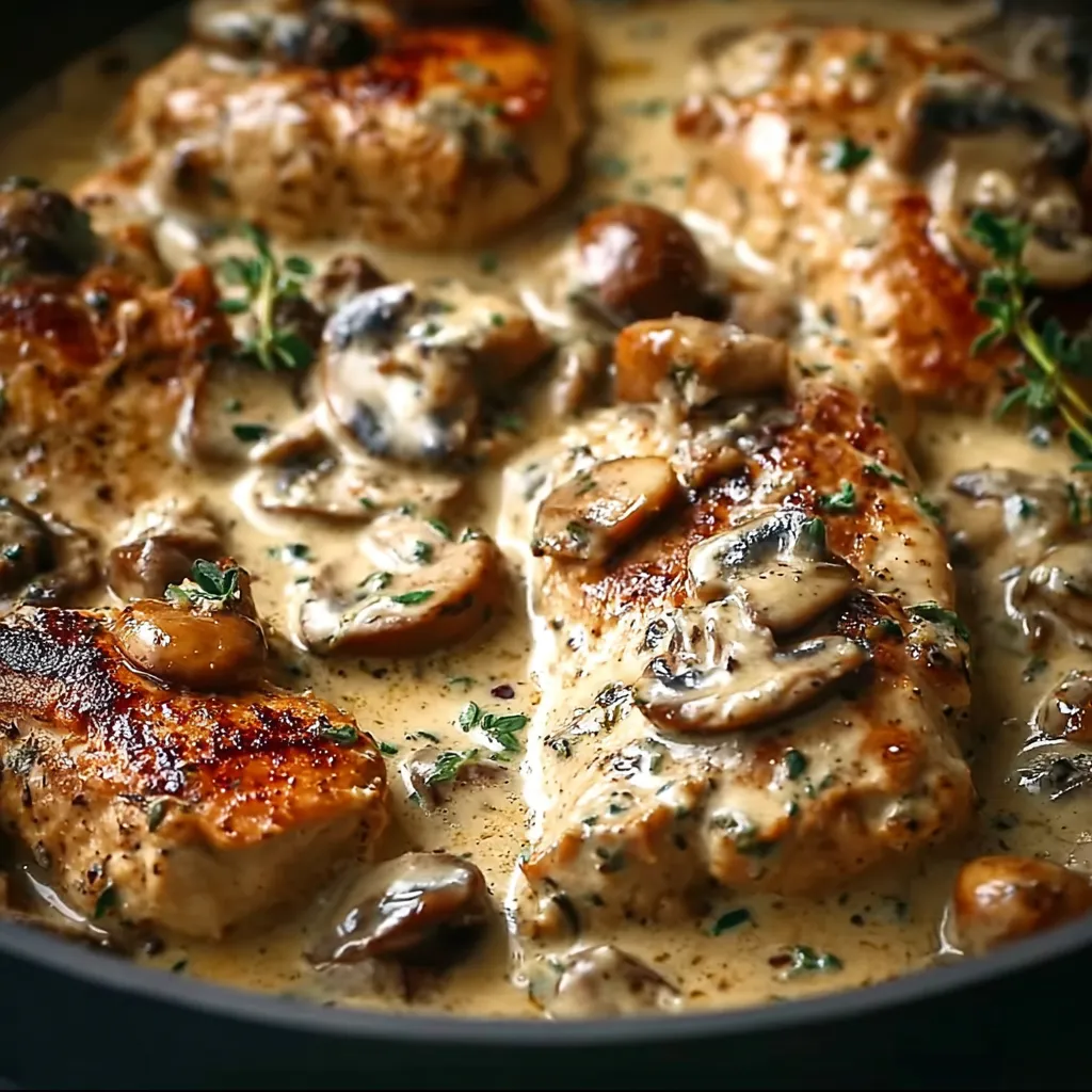 Pan-seared creamy chicken with mushrooms in Dijon sauce, garnished with parsley in a skillet.