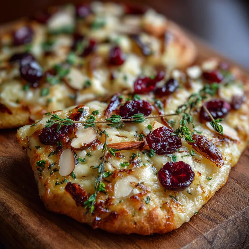 Crispy flatbread topped with brie, cranberries, almonds, and honey