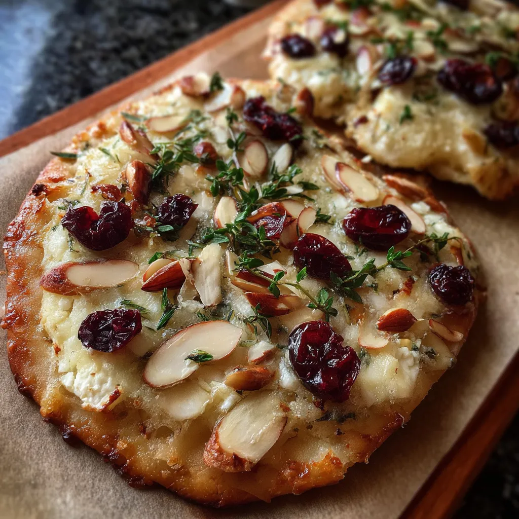 Crispy flatbread topped with brie, cranberries, almonds, and honey