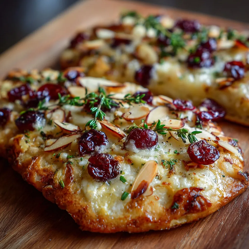 Crispy flatbread topped with brie, cranberries, almonds, and honey