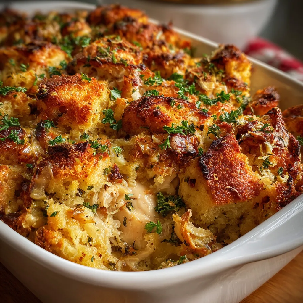 Golden baked chicken and stuffing casserole in a 9x13-inch dish, topped with crispy stuffing mix.