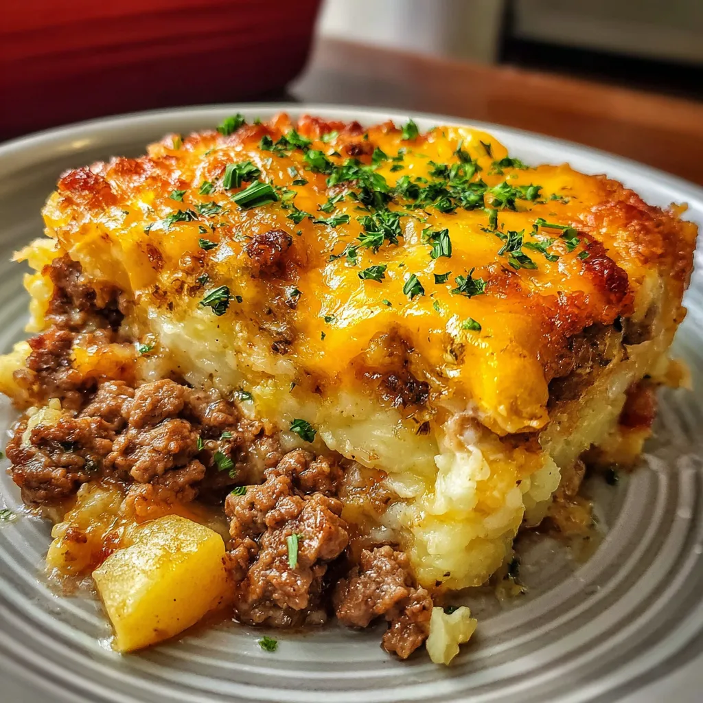Baked hamburger and potato casserole with melted cheddar cheese in a white dish.