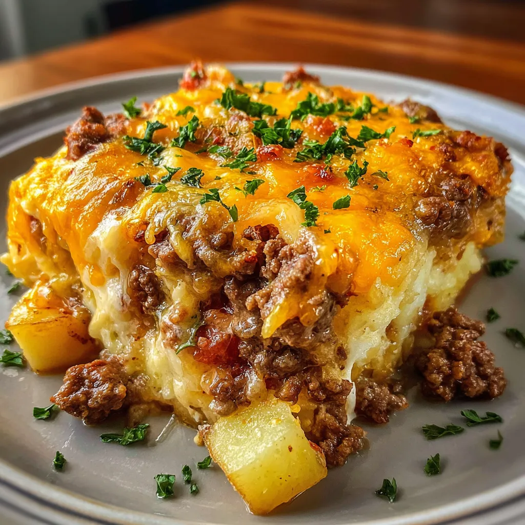 Baked hamburger and potato casserole with melted cheddar cheese in a white dish.