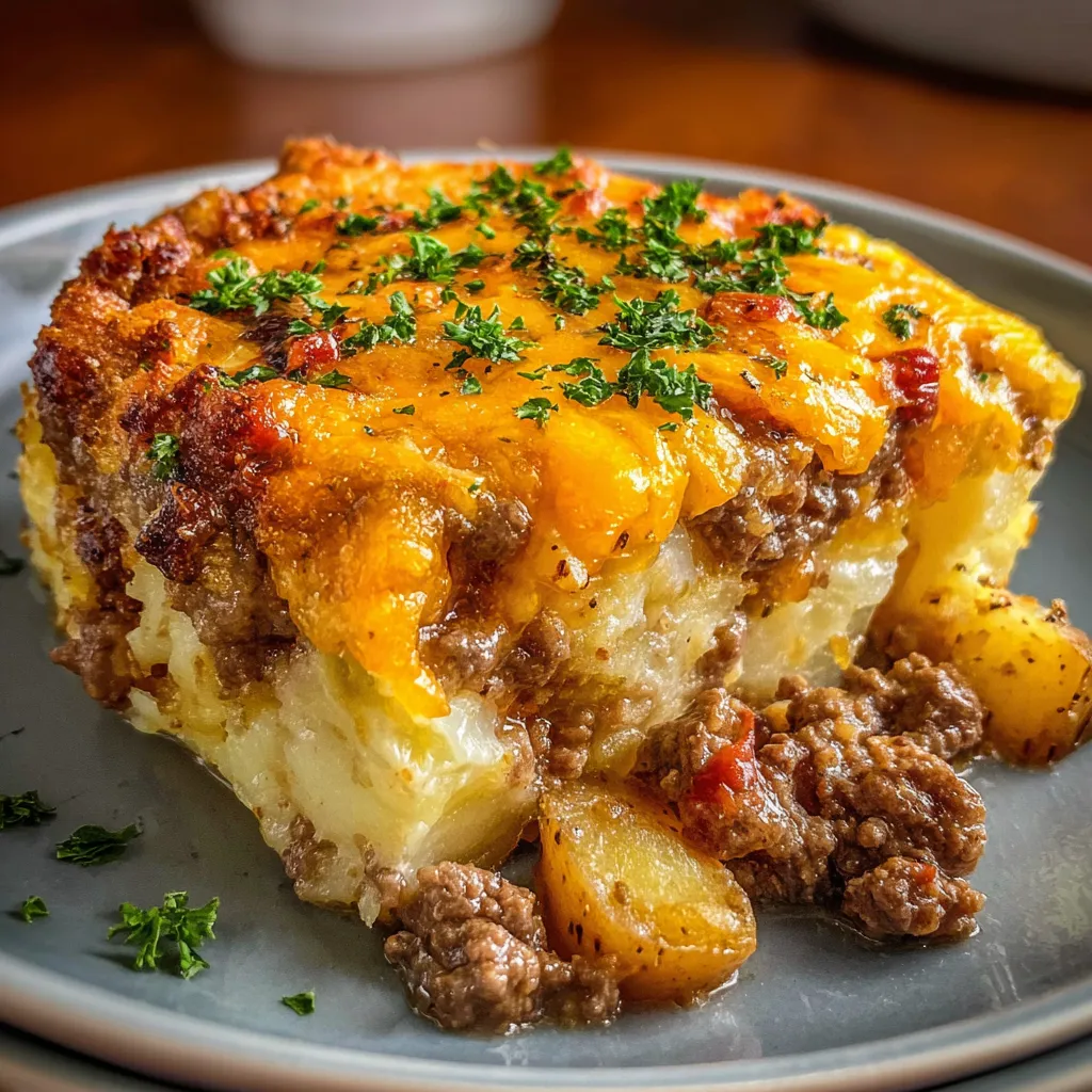 Baked hamburger and potato casserole with melted cheddar cheese in a white dish.