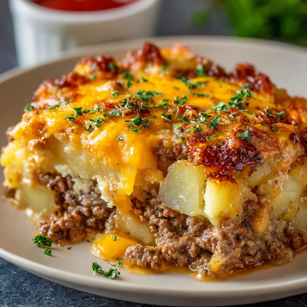 Baked hamburger and potato casserole with melted cheddar cheese in a white dish.