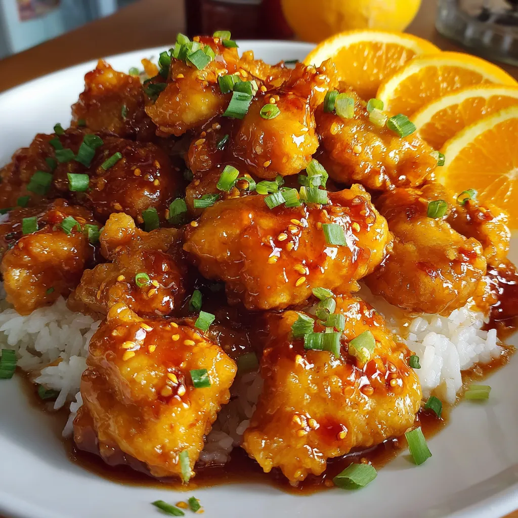 Sticky orange chicken served over rice with sesame seeds and green onions