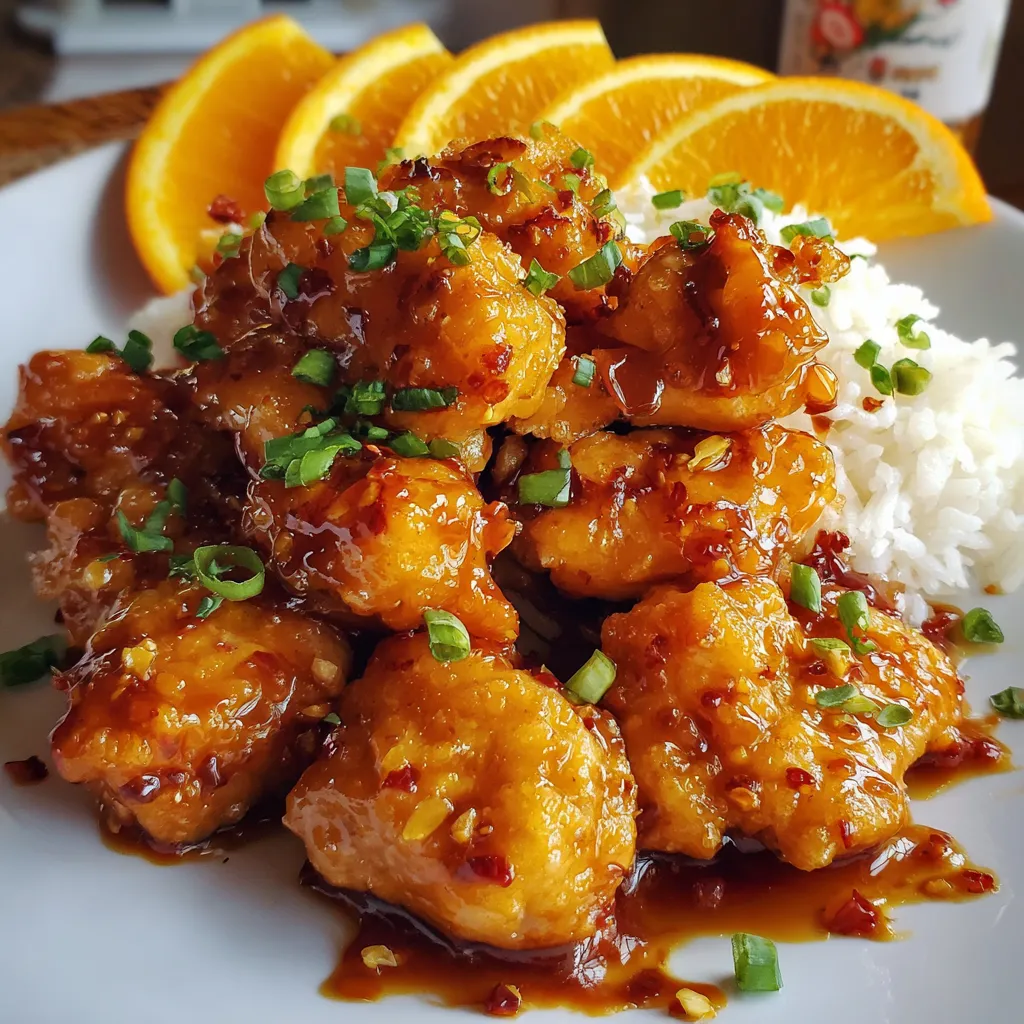 Sticky orange chicken served over rice with sesame seeds and green onions