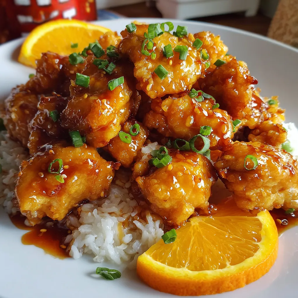 Sticky orange chicken served over rice with sesame seeds and green onions