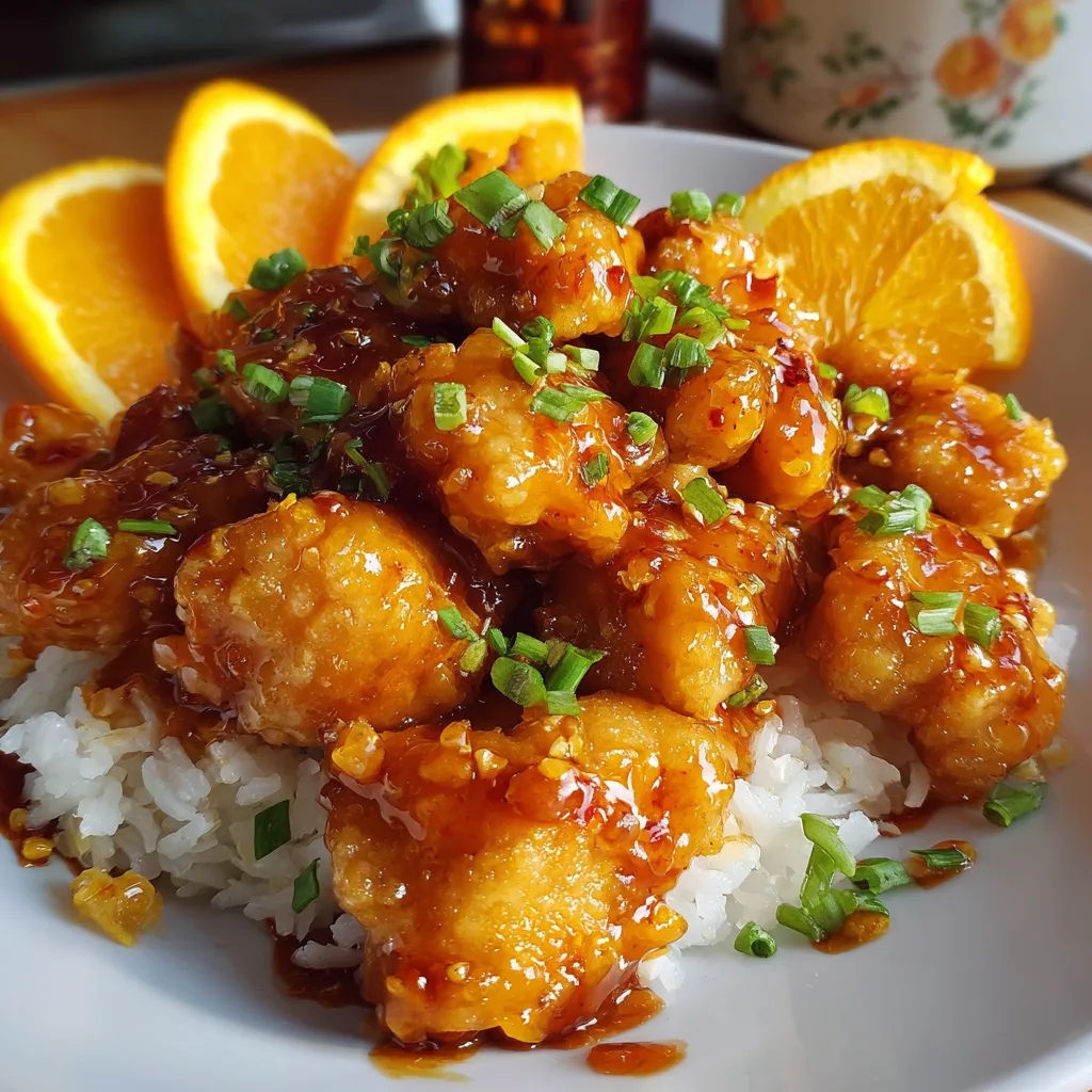 Sticky orange chicken served over rice with sesame seeds and green onions