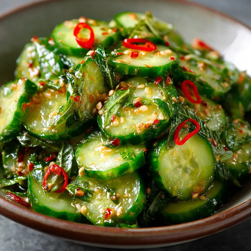 Bowl of thinly sliced cucumbers tossed in sesame soy dressing, garnished with sesame seeds and green onions.