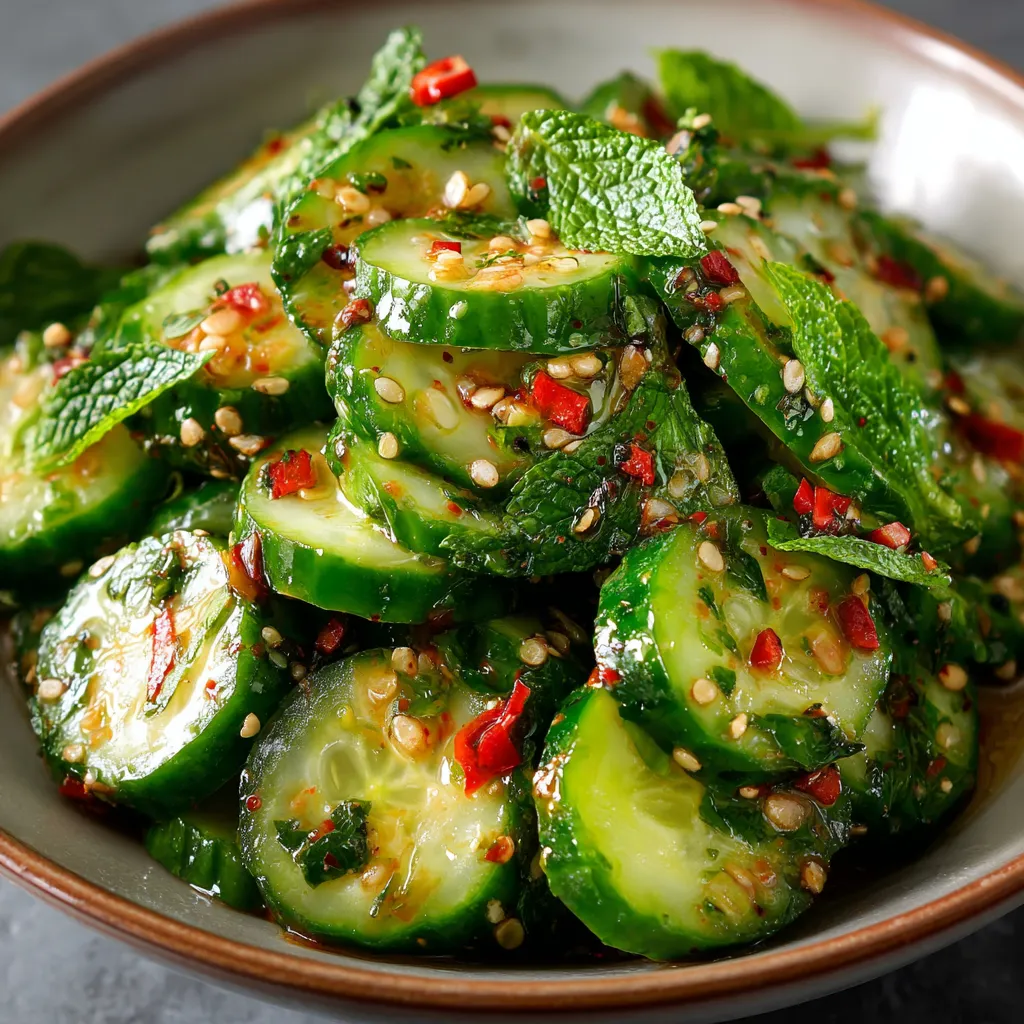 Bowl of thinly sliced cucumbers tossed in sesame soy dressing, garnished with sesame seeds and green onions.