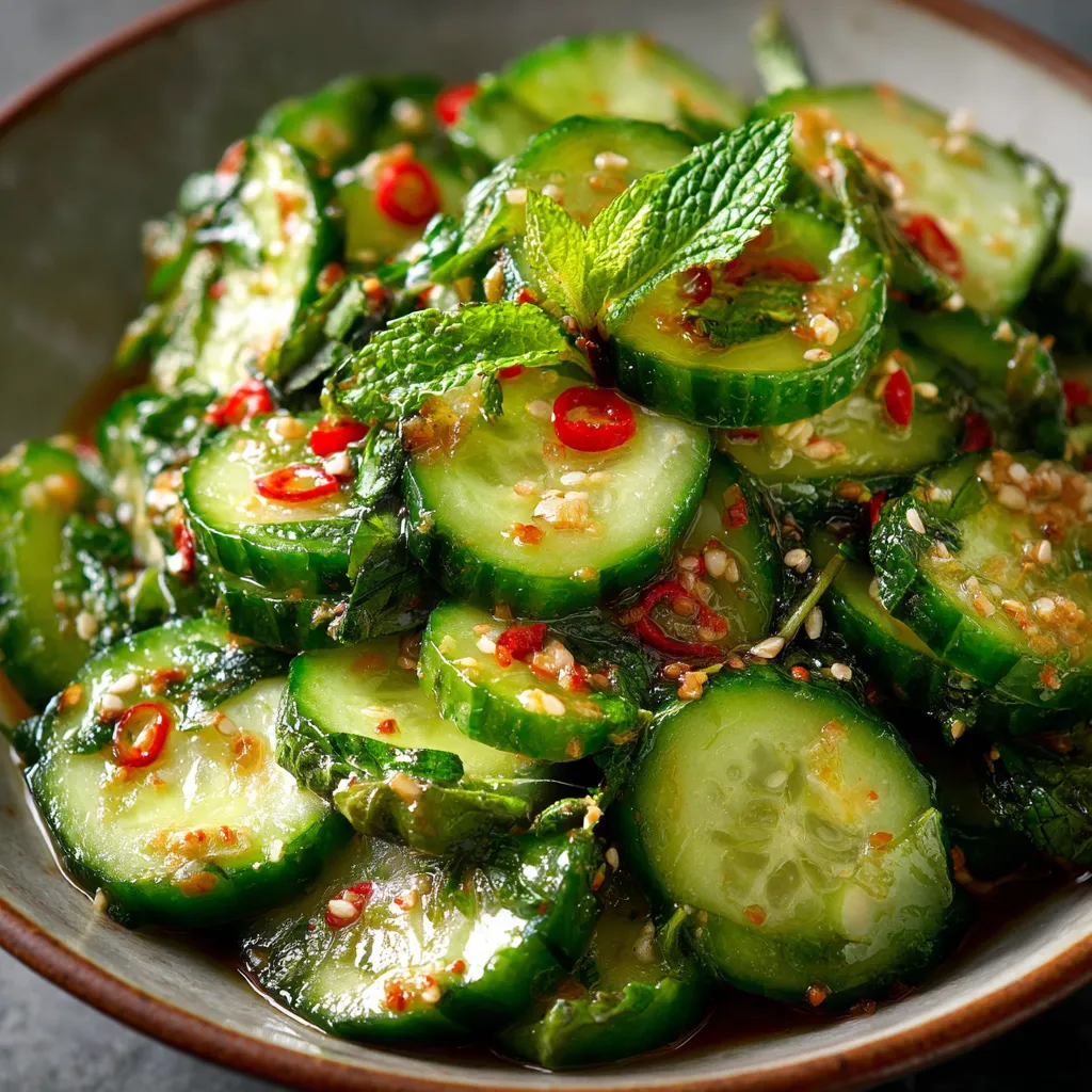 Bowl of thinly sliced cucumbers tossed in sesame soy dressing, garnished with sesame seeds and green onions.