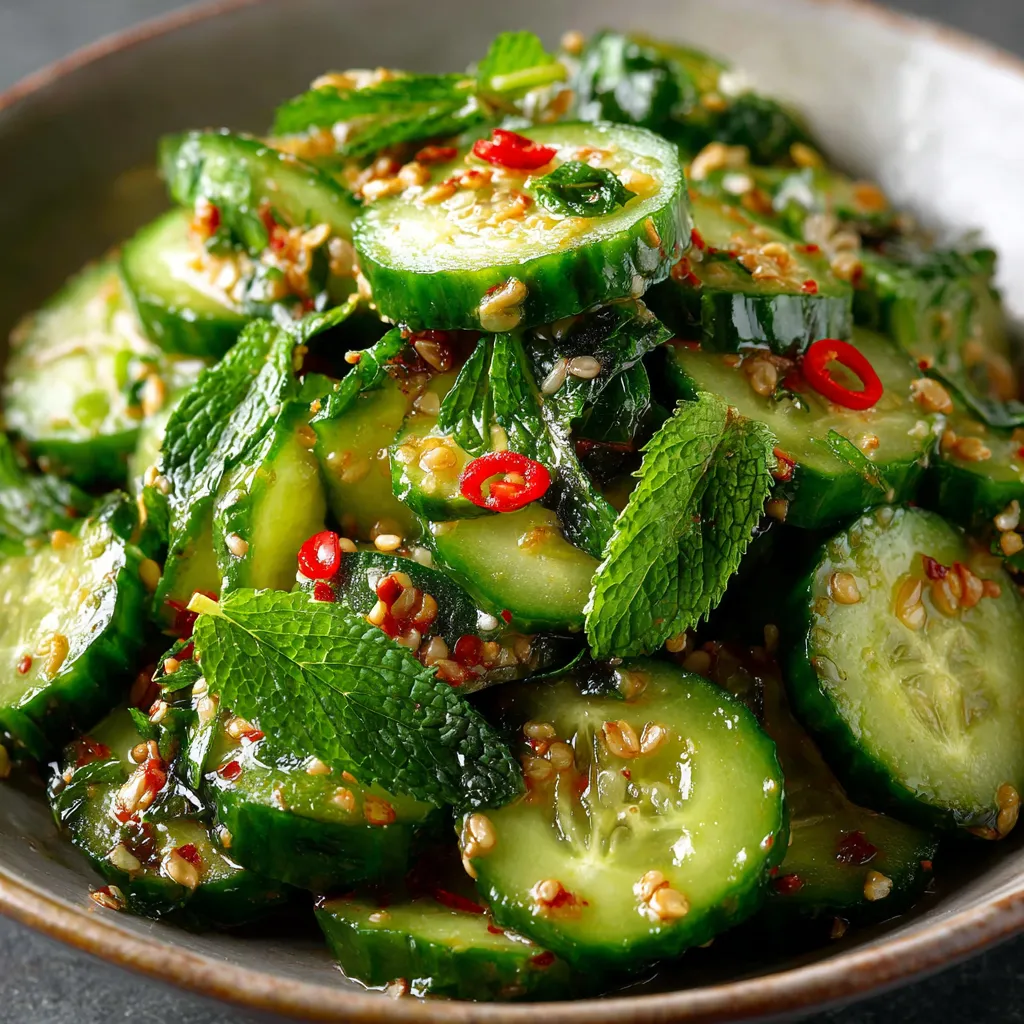 Bowl of thinly sliced cucumbers tossed in sesame soy dressing, garnished with sesame seeds and green onions.