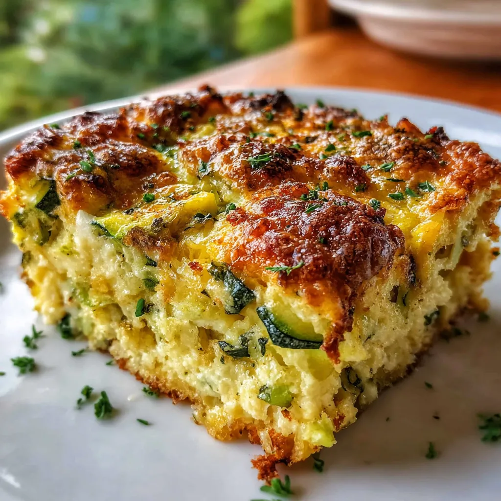 Garden zucchini casserole baked golden brown in a dish with cheesy breadcrumb topping