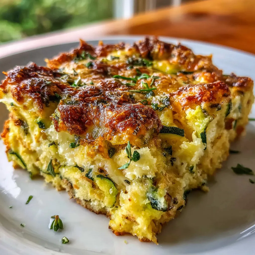 Garden zucchini casserole baked golden brown in a dish with cheesy breadcrumb topping