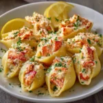 Garlic Butter Lobster-Filled Jumbo Pasta Shells served in a white ceramic dish with golden cheesy topping and fresh parsley garnish.