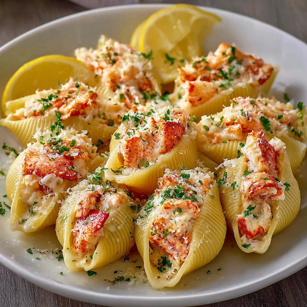 Garlic Butter Lobster-Filled Jumbo Pasta Shells served in a white ceramic dish with golden cheesy topping and fresh parsley garnish.