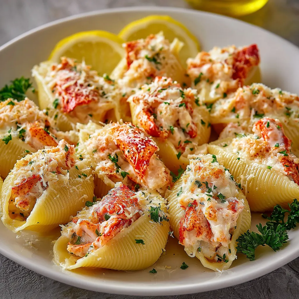 Garlic Butter Lobster-Filled Jumbo Pasta Shells served in a white ceramic dish with golden cheesy topping and fresh parsley garnish.
