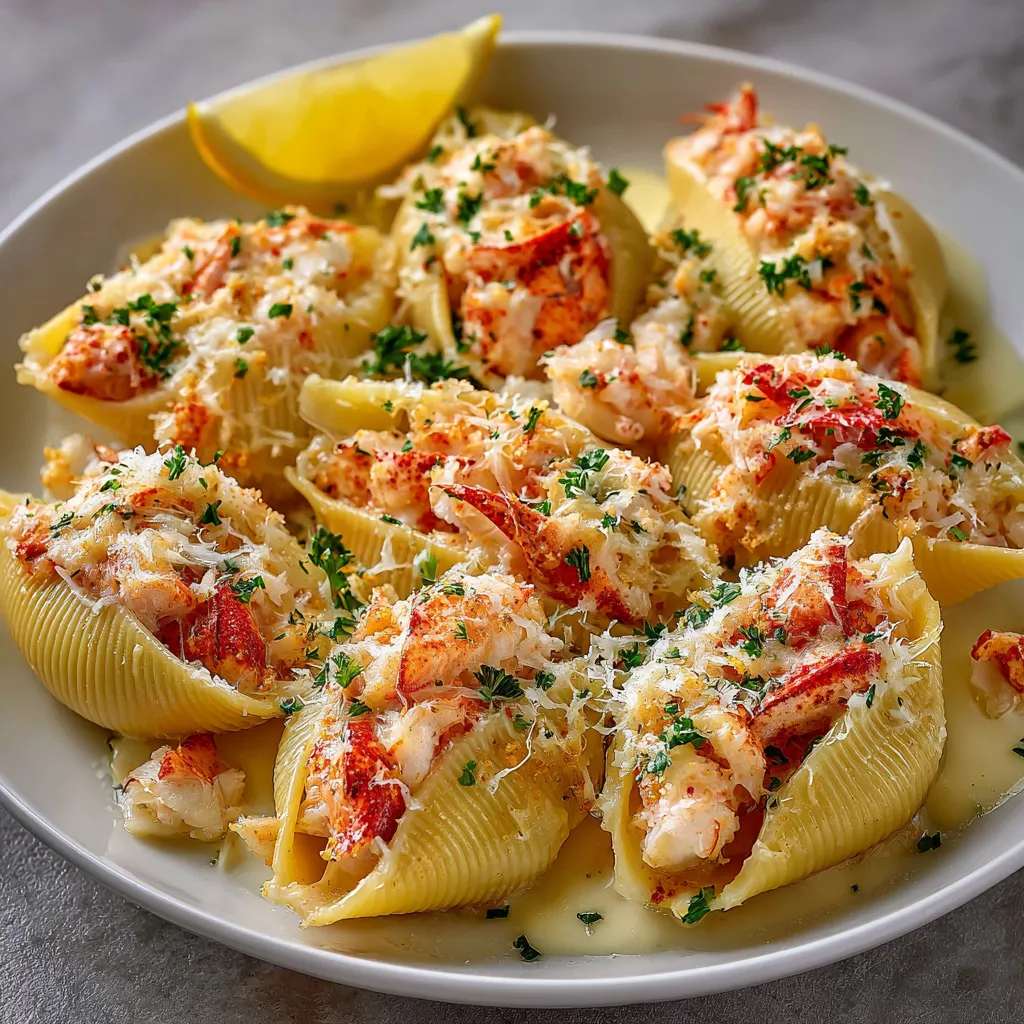 Garlic Butter Lobster-Filled Jumbo Pasta Shells served in a white ceramic dish with golden cheesy topping and fresh parsley garnish.