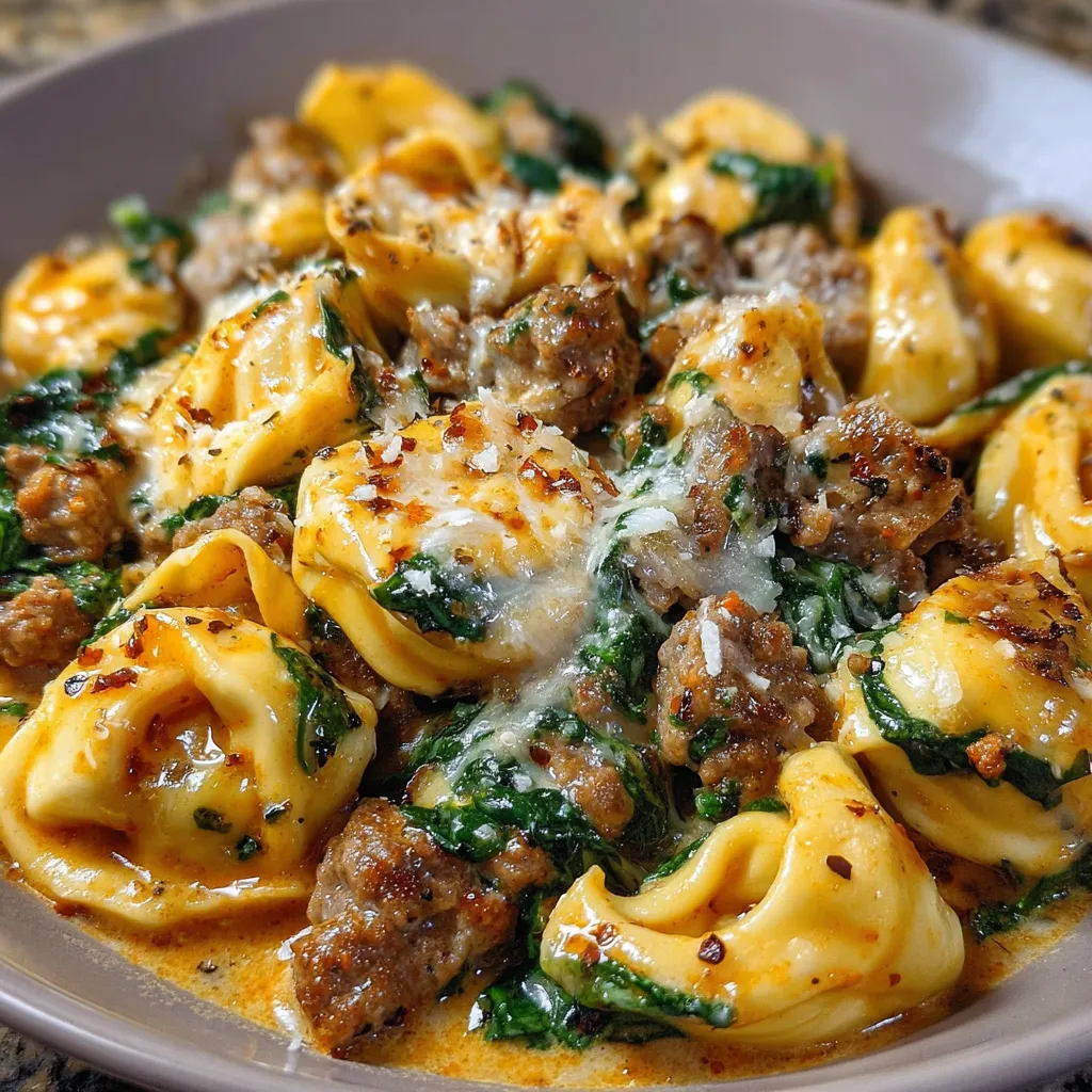 Creamy garlic butter tortellini with beef, Italian sausage, and spinach served in a skillet.