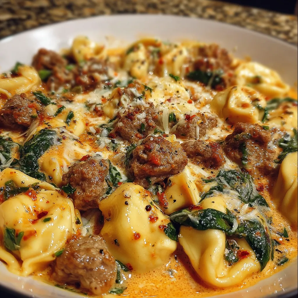 Creamy garlic butter tortellini with beef, Italian sausage, and spinach served in a skillet.