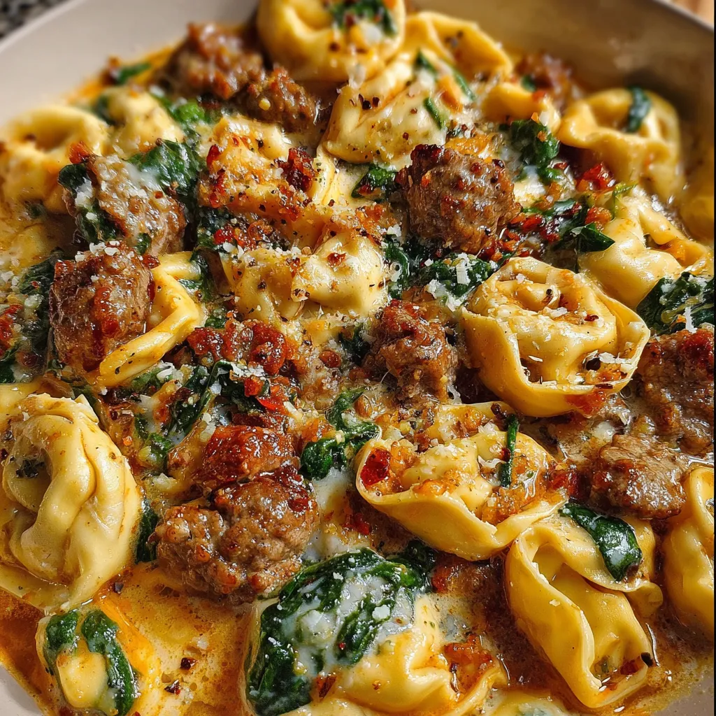Creamy garlic butter tortellini with beef, Italian sausage, and spinach served in a skillet.