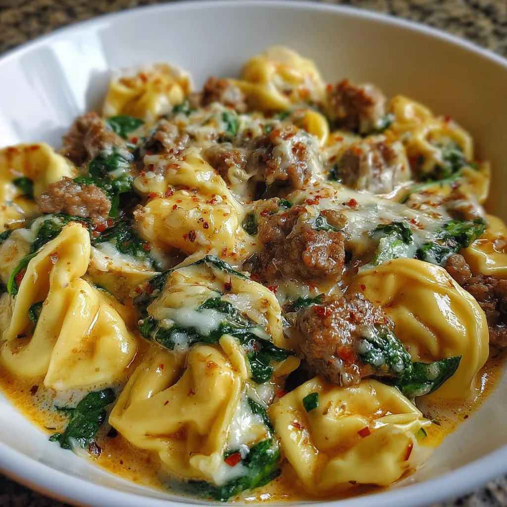 Creamy garlic butter tortellini with beef, Italian sausage, and spinach served in a skillet.