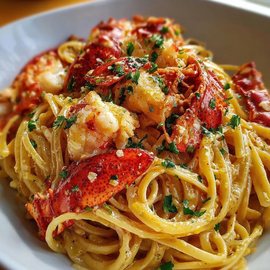 Golden Butter Lobster Pasta with linguine, seared lobster chunks, and creamy lemon butter sauce
