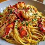 Golden Butter Lobster Pasta with linguine, seared lobster chunks, and creamy lemon butter sauce