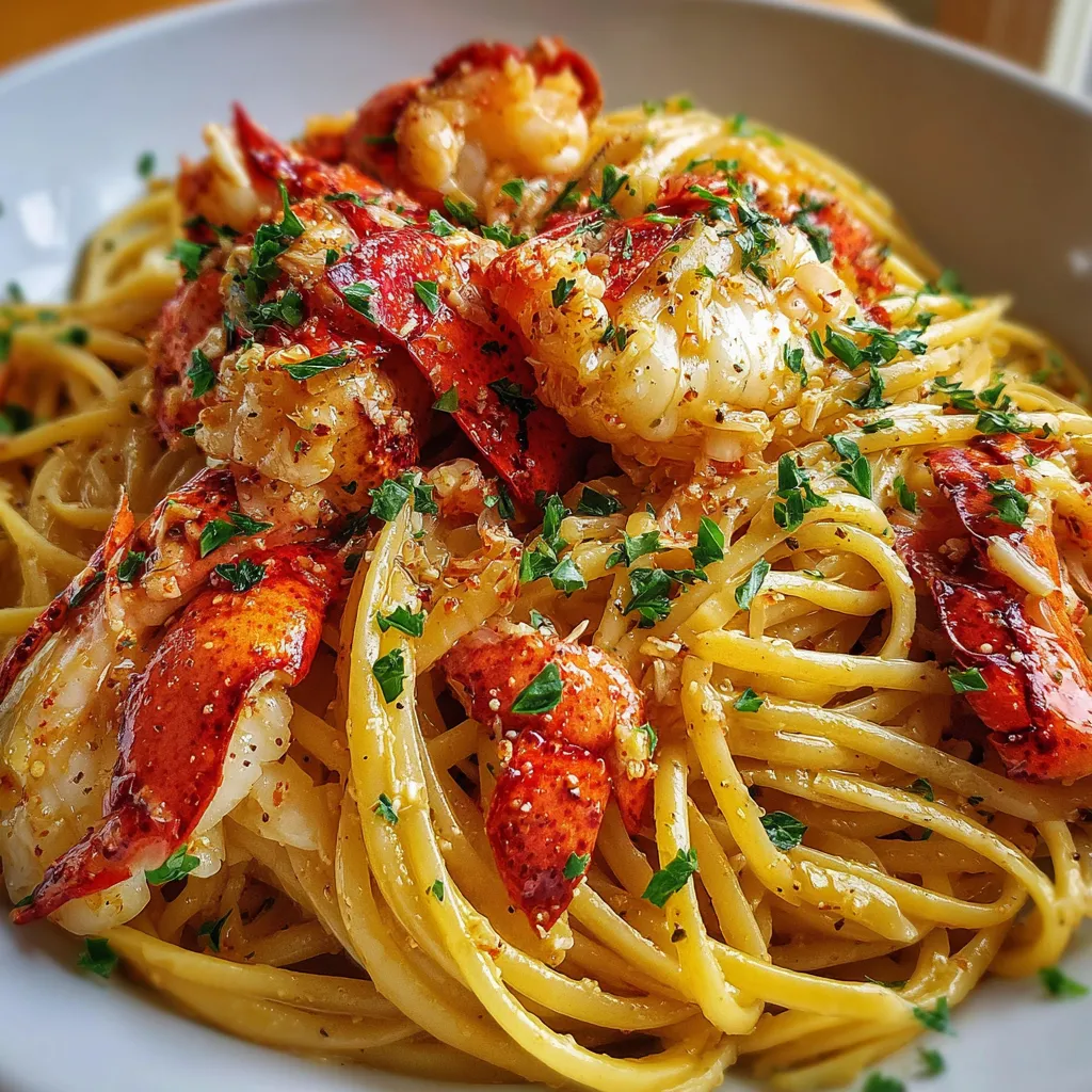 Golden Butter Lobster Pasta with linguine, seared lobster chunks, and creamy lemon butter sauce