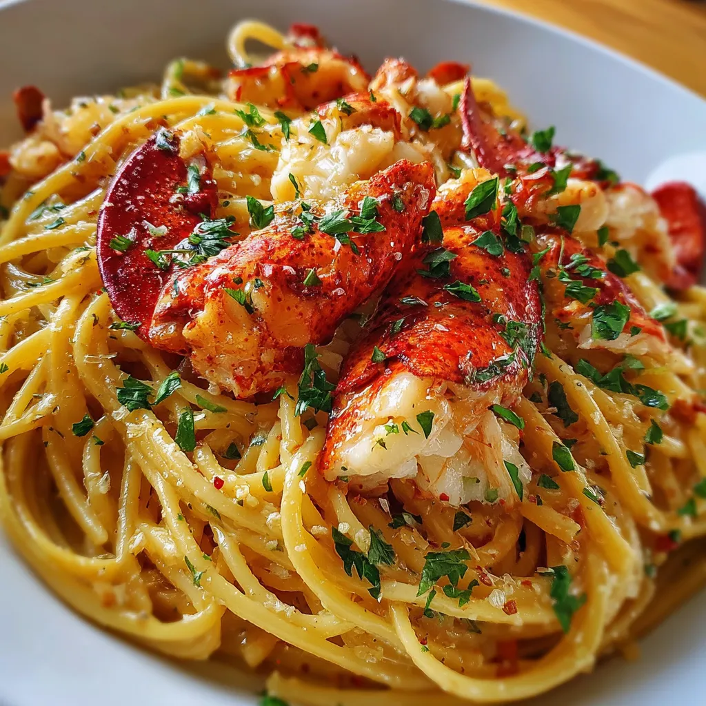 Golden Butter Lobster Pasta with linguine, seared lobster chunks, and creamy lemon butter sauce