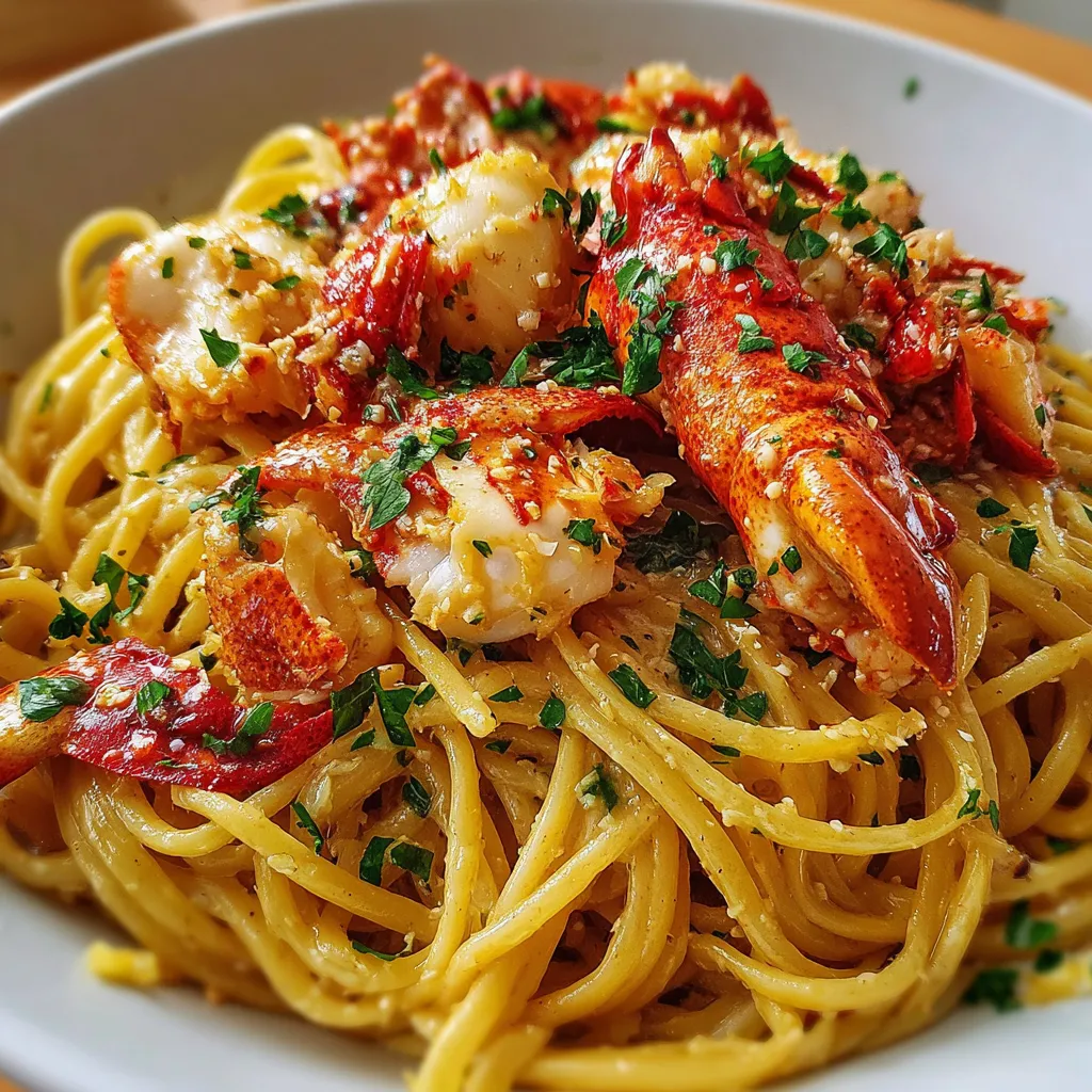 Golden Butter Lobster Pasta with linguine, seared lobster chunks, and creamy lemon butter sauce
