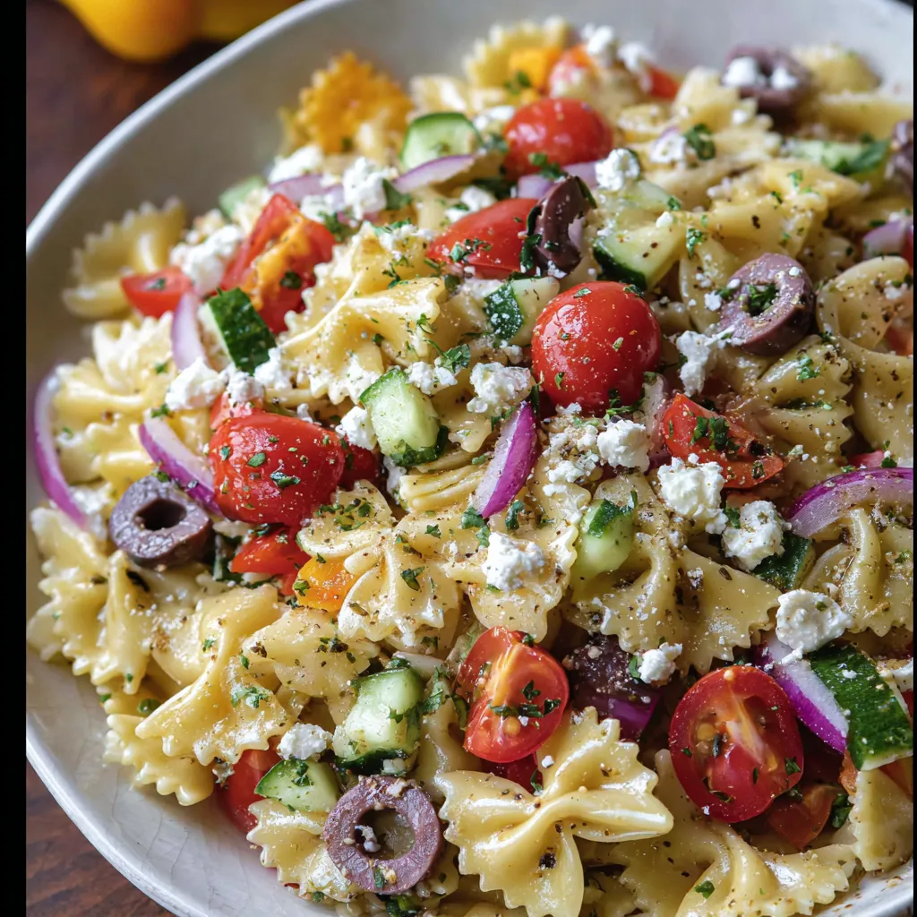 Greek Pasta Salad in a large bowl with fresh vegetables, feta cheese, and a lemony dressing