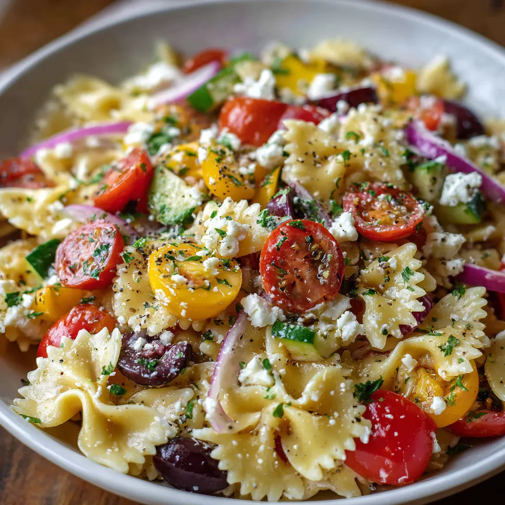 Greek Pasta Salad in a large bowl with fresh vegetables, feta cheese, and a lemony dressing