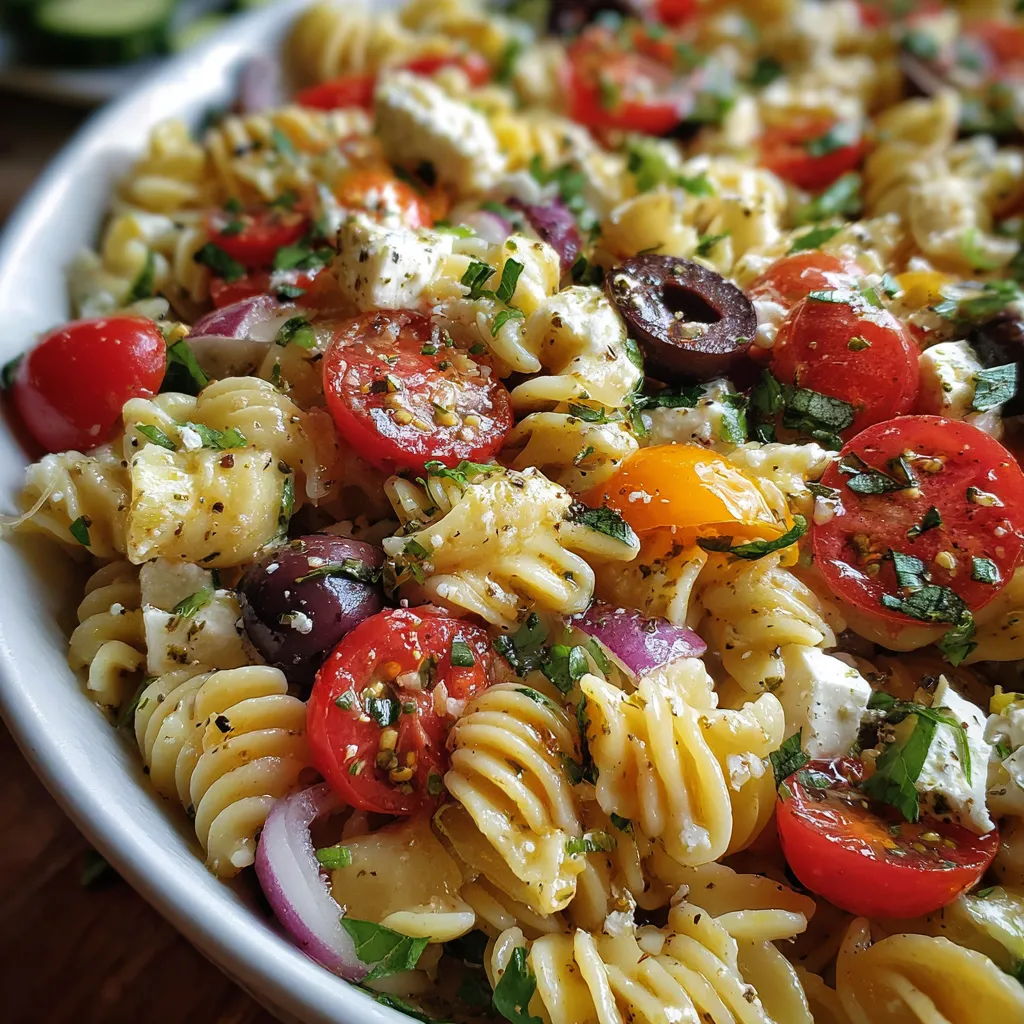 Greek Pasta Salad in a large bowl with fresh vegetables, feta cheese, and a lemony dressing
