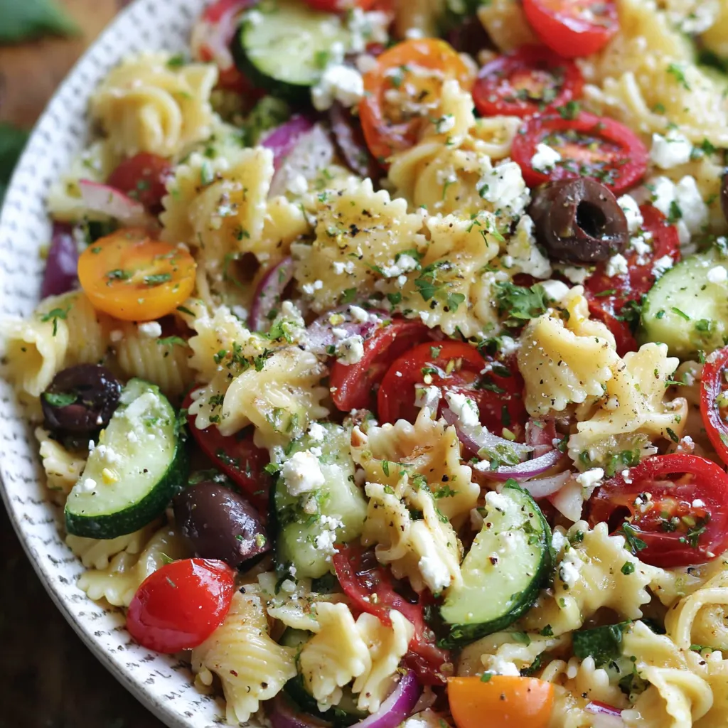 Greek Pasta Salad in a large bowl with fresh vegetables, feta cheese, and a lemony dressing