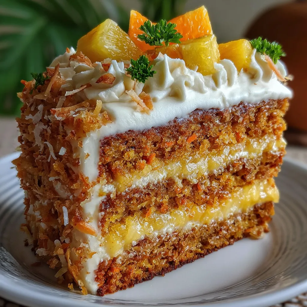 A slice of moist Hawaiian carrot pineapple cake topped with cream cheese frosting and sprinkled with shredded coconut.
