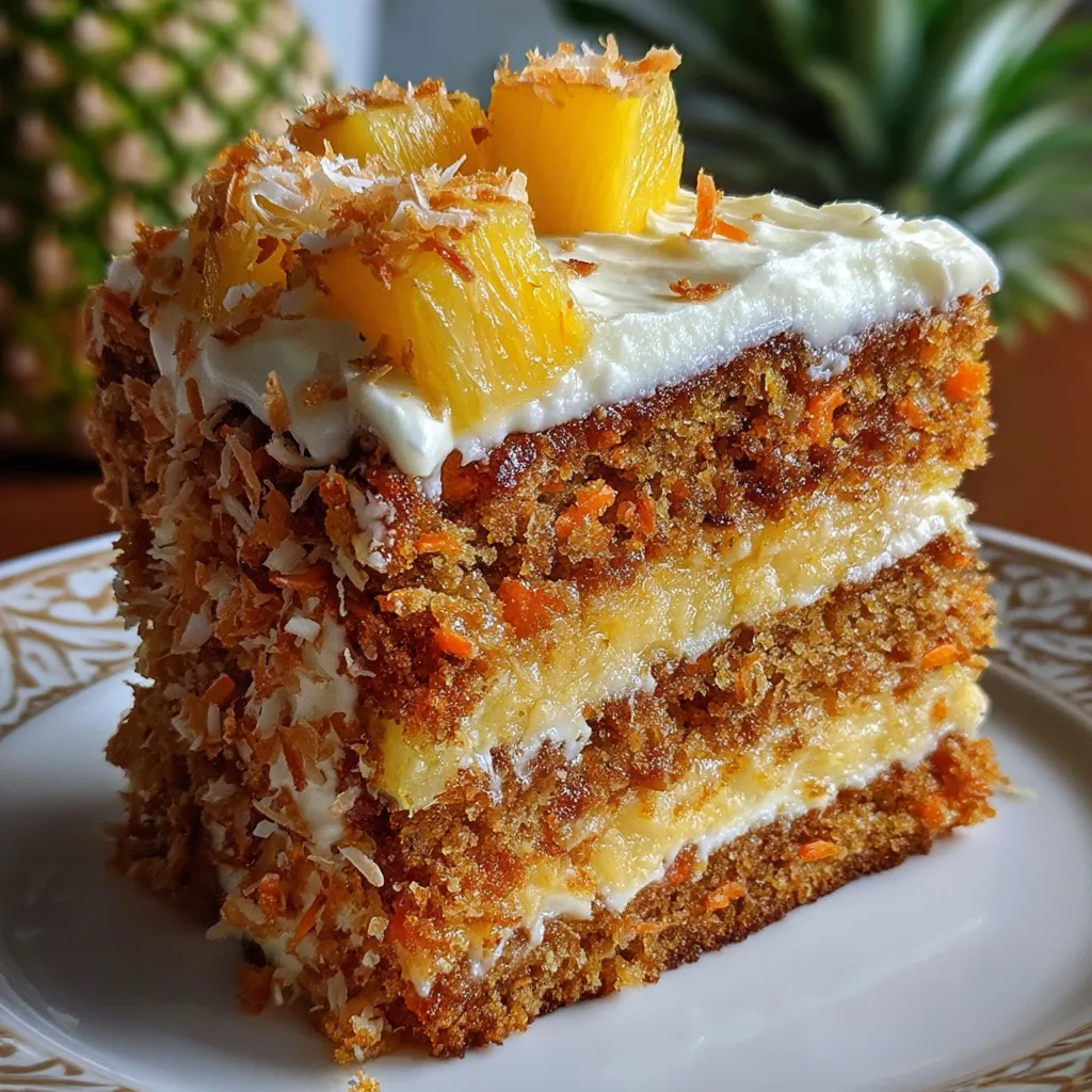 A slice of moist Hawaiian carrot pineapple cake topped with cream cheese frosting and sprinkled with shredded coconut.