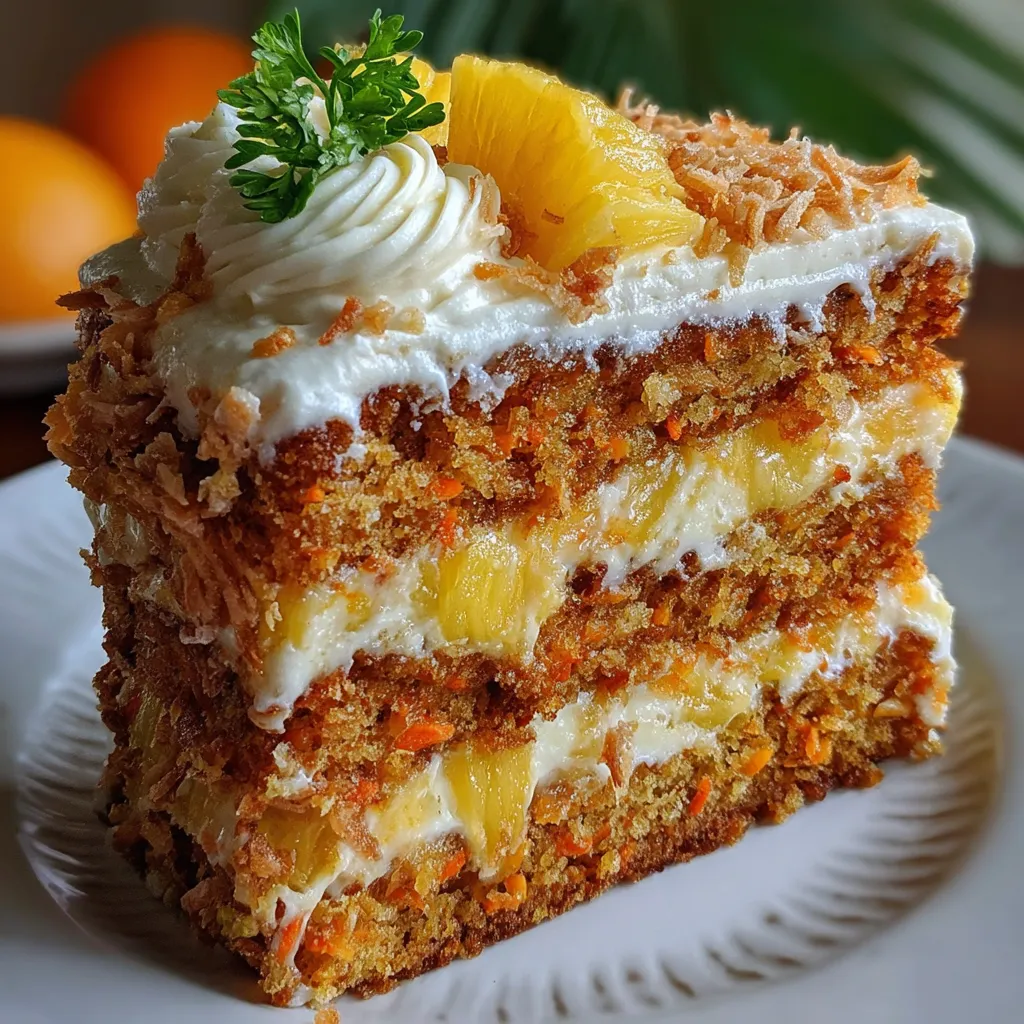 A slice of moist Hawaiian carrot pineapple cake topped with cream cheese frosting and sprinkled with shredded coconut.