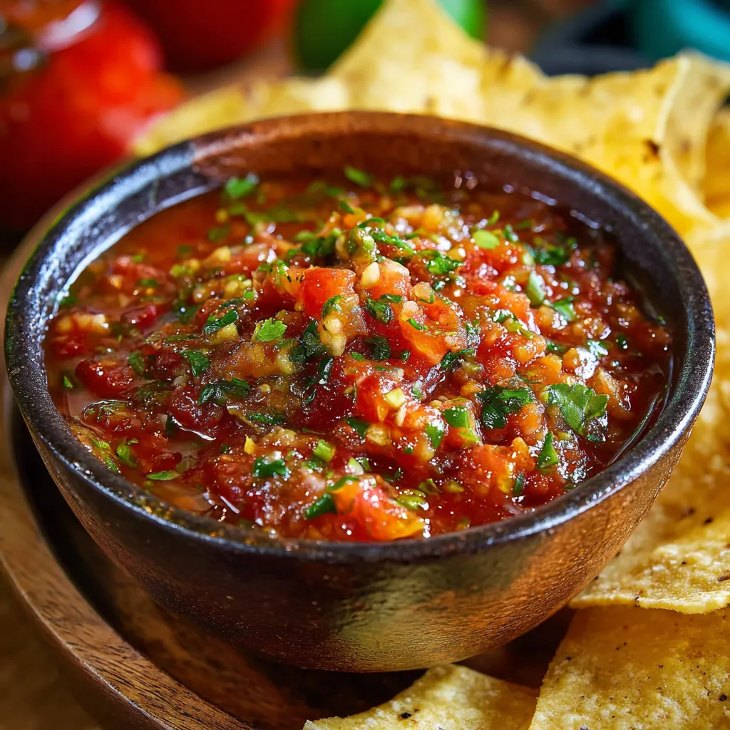 Fresh homemade salsa with cilantro and lime in a bowl, surrounded by tortilla chips.
