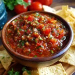 Fresh homemade salsa with cilantro and lime in a bowl, surrounded by tortilla chips.