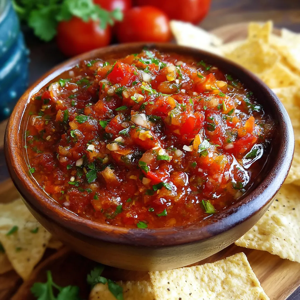 Fresh homemade salsa with cilantro and lime in a bowl, surrounded by tortilla chips.