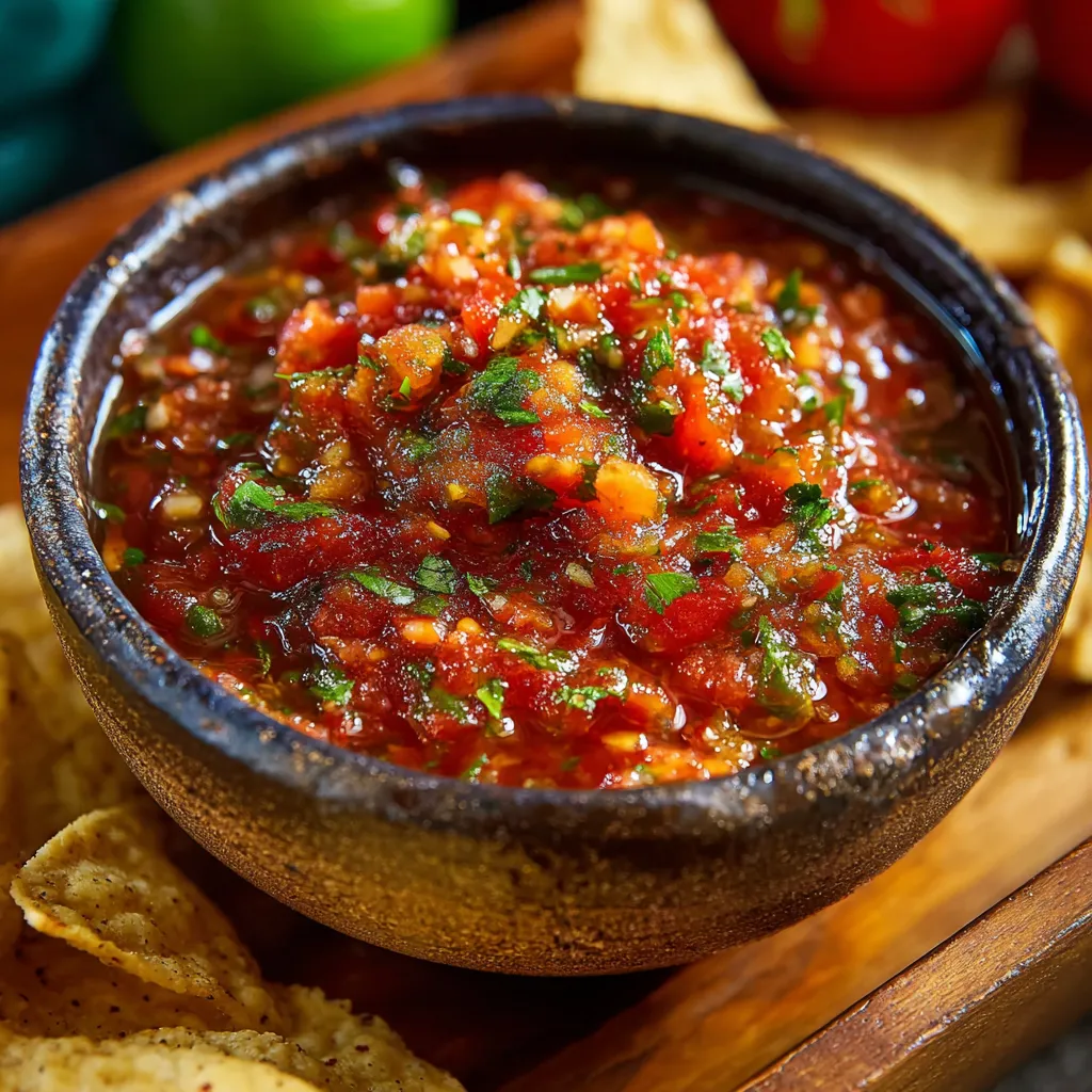 Fresh homemade salsa with cilantro and lime in a bowl, surrounded by tortilla chips.