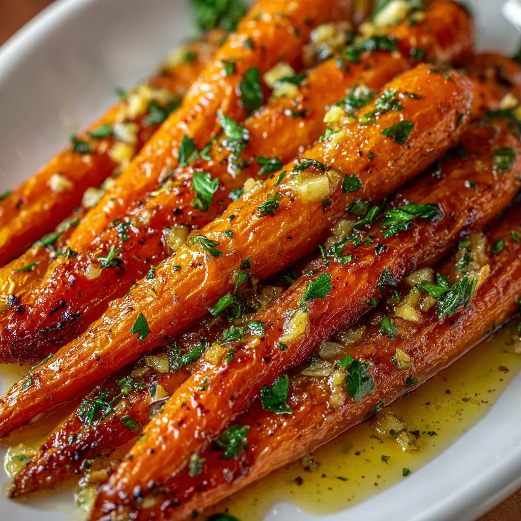 Honey garlic butter roasted carrots on a baking sheet with golden caramelized edges.