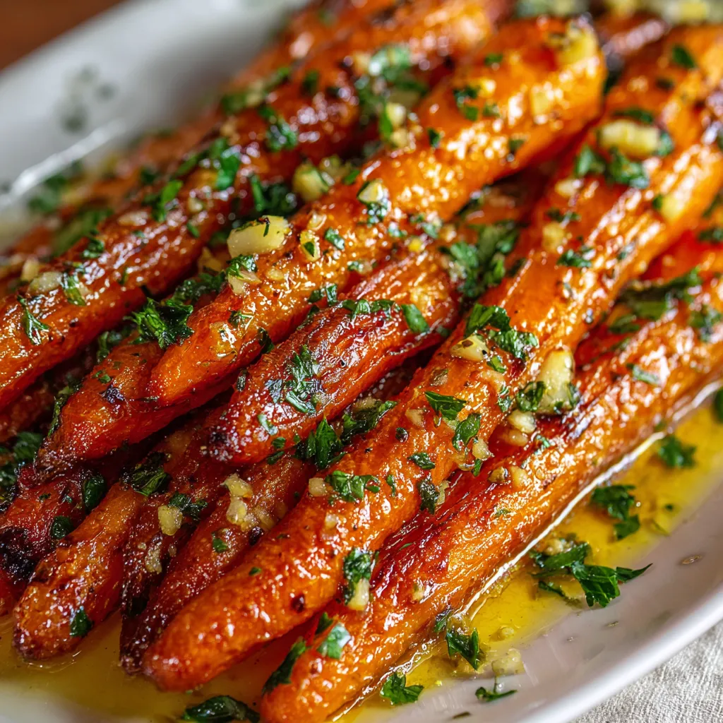 Honey garlic butter roasted carrots on a baking sheet with golden caramelized edges.