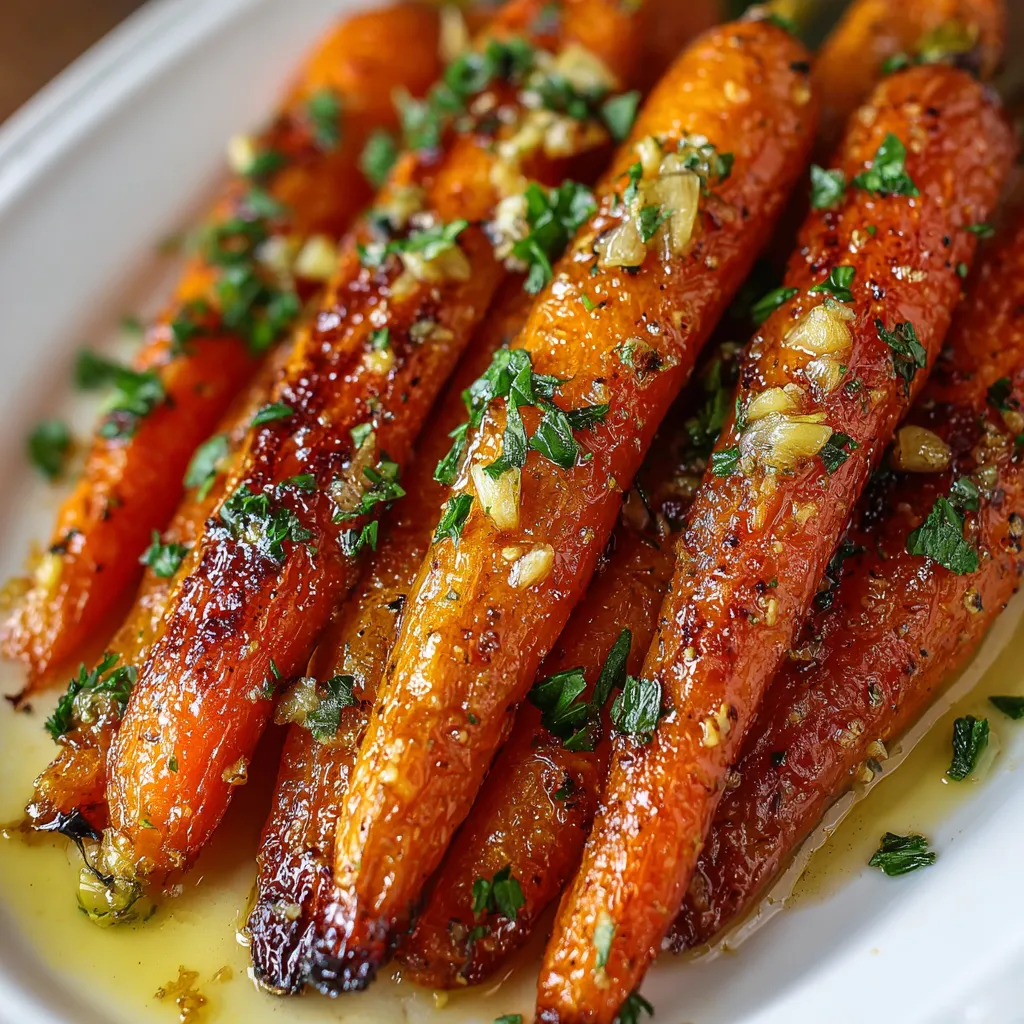 Honey garlic butter roasted carrots on a baking sheet with golden caramelized edges.
