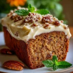 Hummingbird bread topped with cinnamon cream cheese frosting on a wooden board
