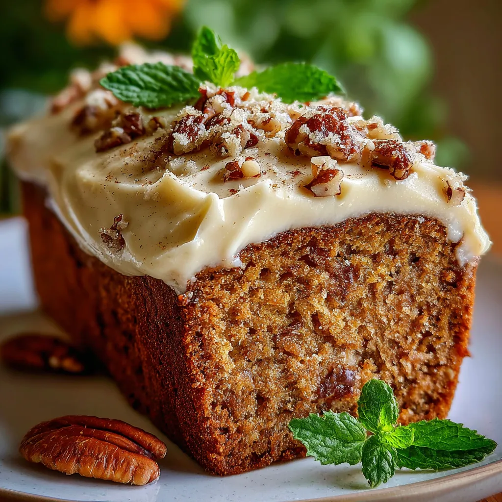 Hummingbird Bread topped with creamy cinnamon frosting and chopped pecans on a wooden cutting board.