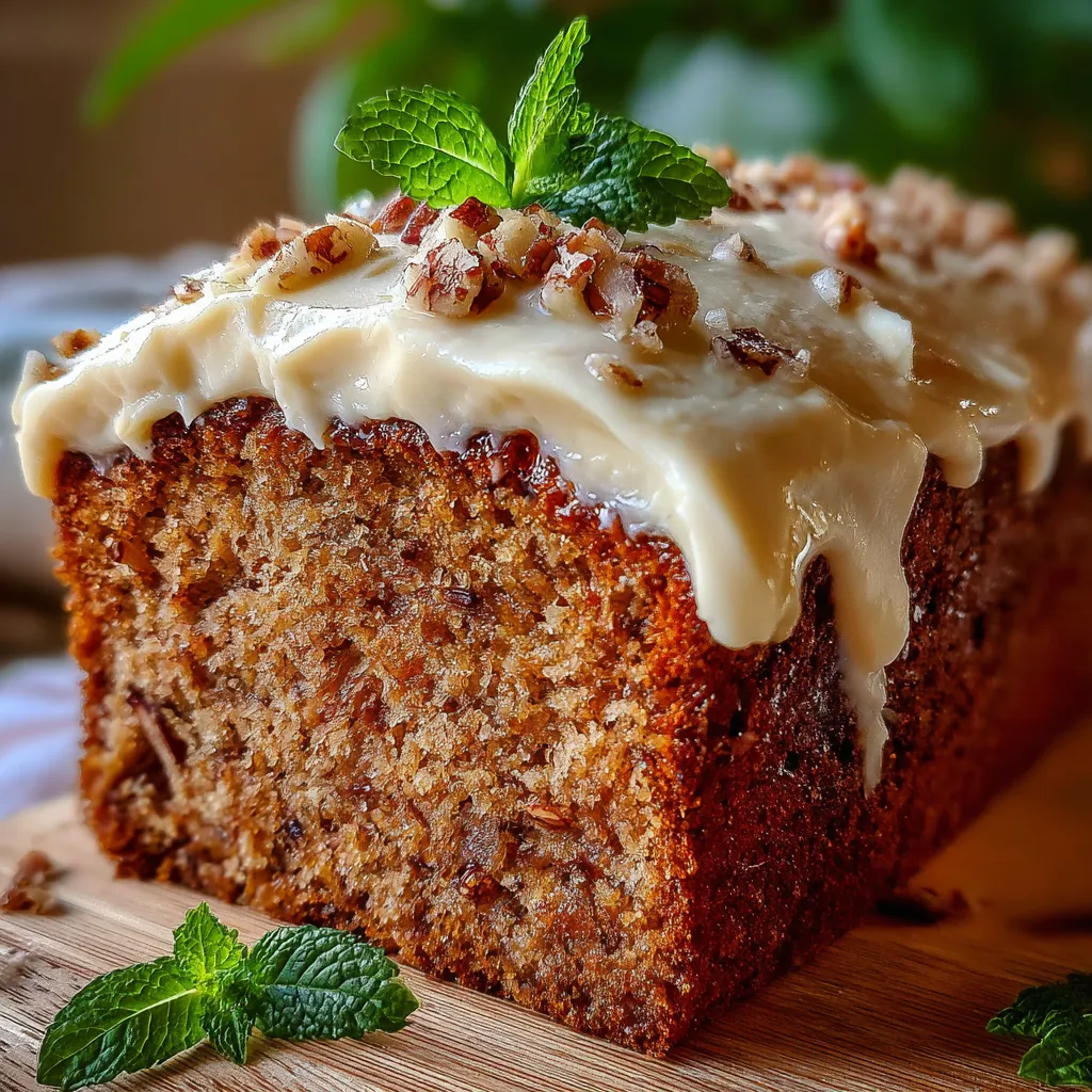 Hummingbird Bread topped with creamy cinnamon frosting and chopped pecans on a wooden cutting board.