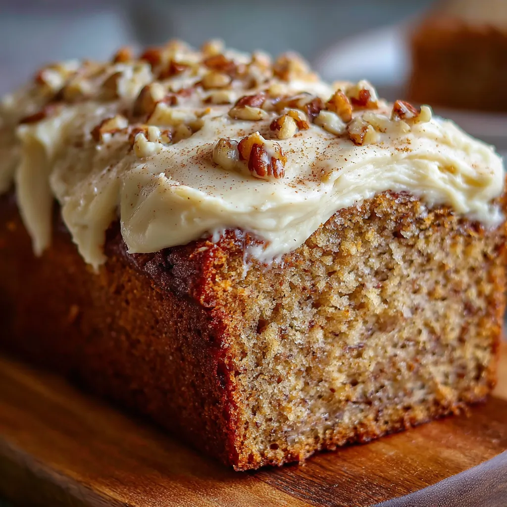 Hummingbird Bread topped with creamy cinnamon frosting and chopped pecans on a wooden cutting board.